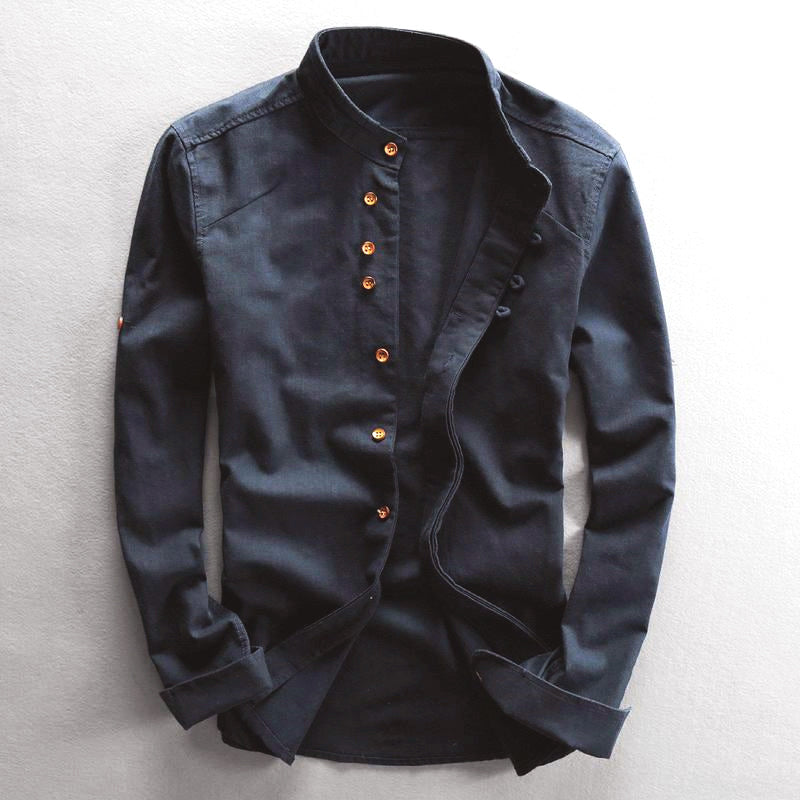 Men’s Button-Up Shirt – Mandarin Collar – Slim Fit – Long Sleeve Smart Casual