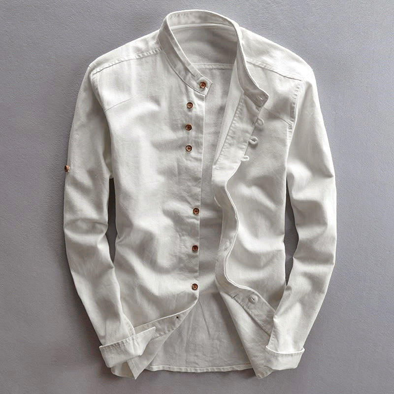 Men’s Button-Up Shirt – Mandarin Collar – Slim Fit – Long Sleeve Smart Casual