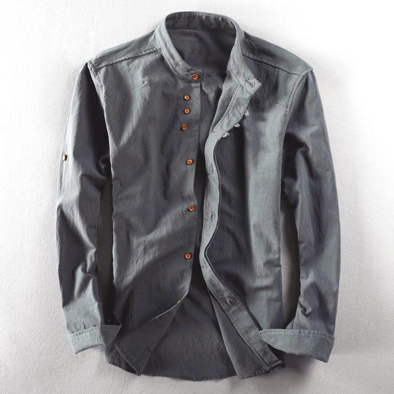 Men’s Button-Up Shirt – Mandarin Collar – Slim Fit – Long Sleeve Smart Casual