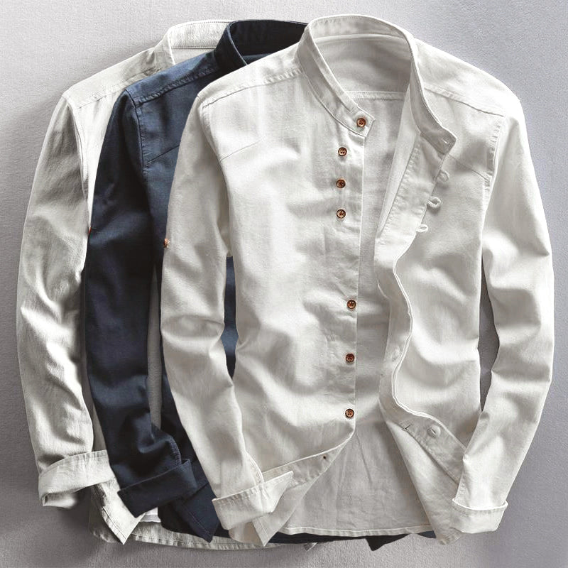 Men’s Button-Up Shirt – Mandarin Collar – Slim Fit – Long Sleeve Smart Casual